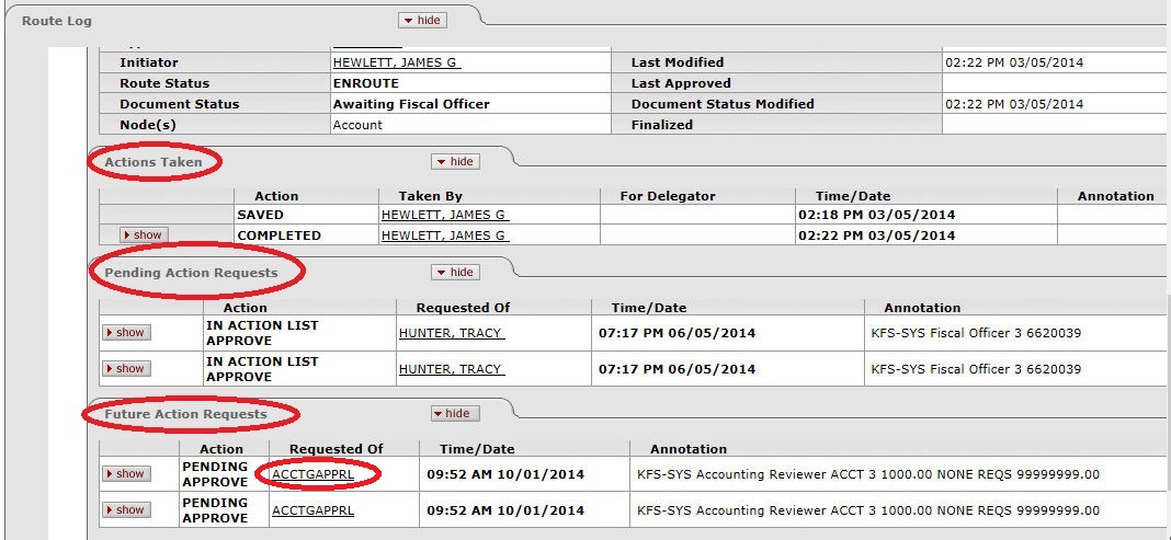 screen capture of a route log in kfs