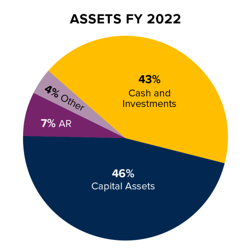 Assets FY 2022 pie chart showing 46% Capital Assets, 43% Cash and Investments, 7% AR, and 4% Other