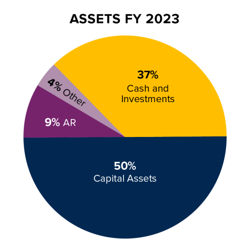Assets FY 2023 pie chart showing 50% Capital Assets, 37% Cash and Investments, 9% AR, and 4% Other